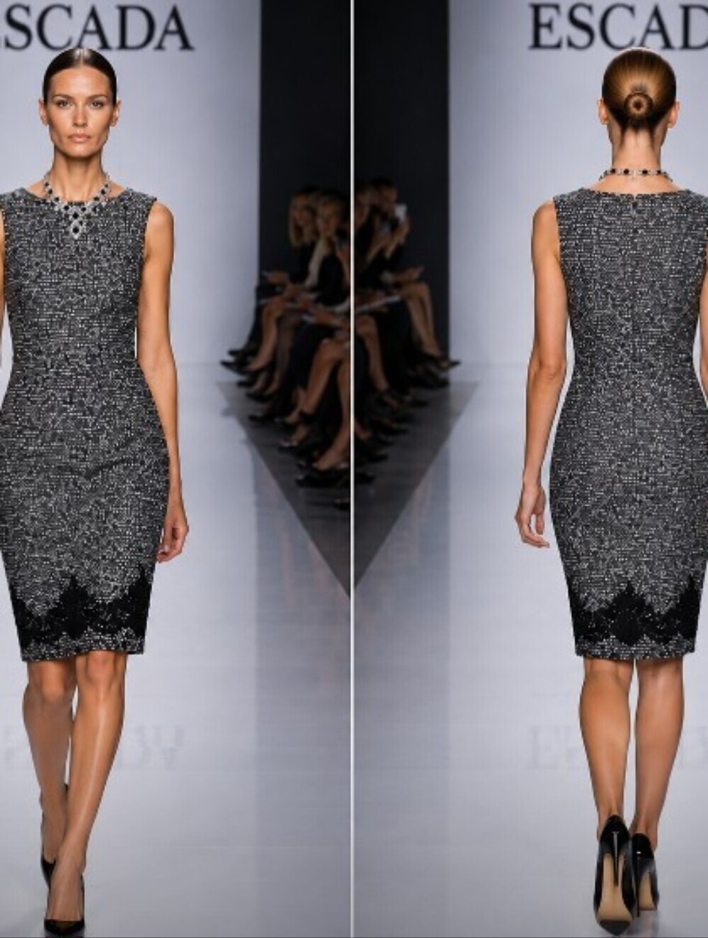 ESCADA 10/40 TWEED WOOL COTTON POLY BLEND BOUCLE LACE BLACK WHITE SHEATH DRESS - Picture 9 of 9